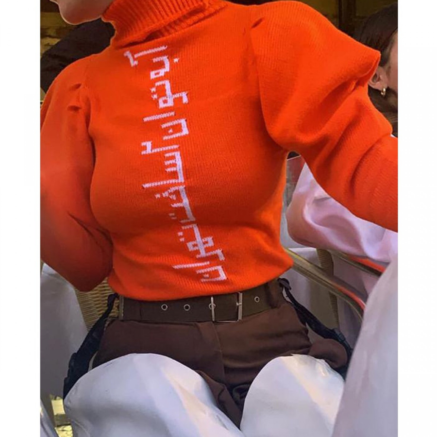 high neck Persian typography puff shoulder sweater orange