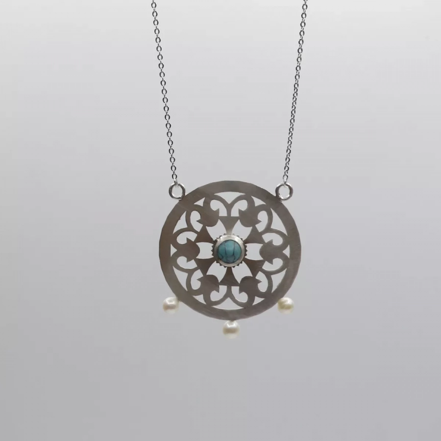 Silver Necklace With Turquoise And White Pearls, Persian Patterns