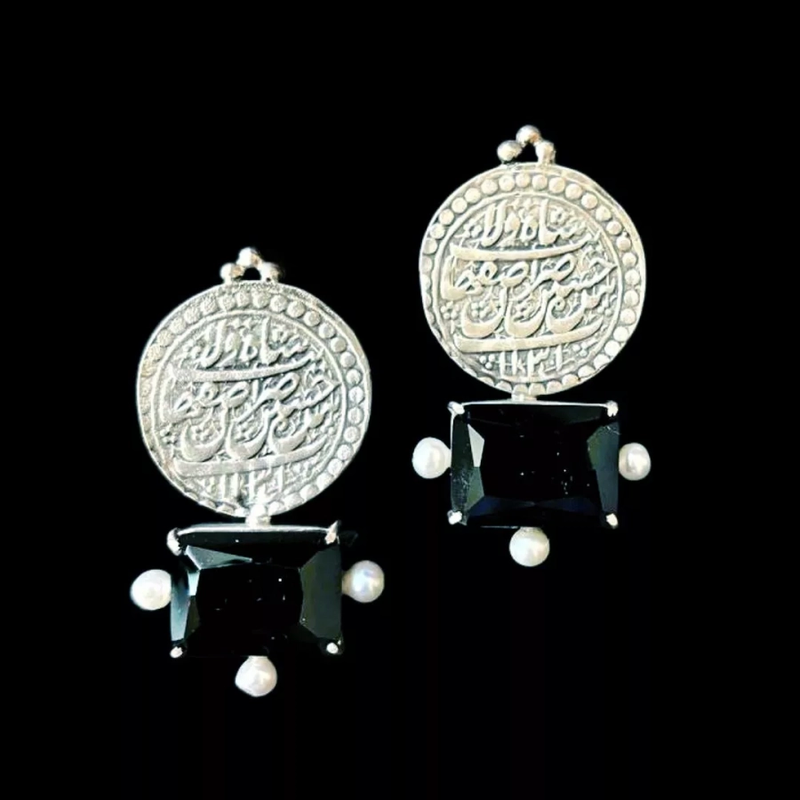 Persian qajar silver coin with black stone earrings