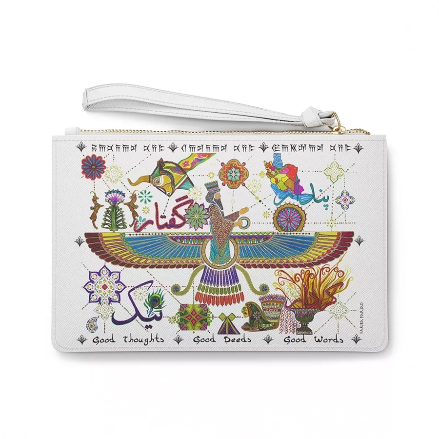 Persian Zoroastrian Clutch Bag, Loop Handle Wristlet Purse, Vegan Leather, Nowruz Gift, Farvahar, Ahura Mazda, Persepolis