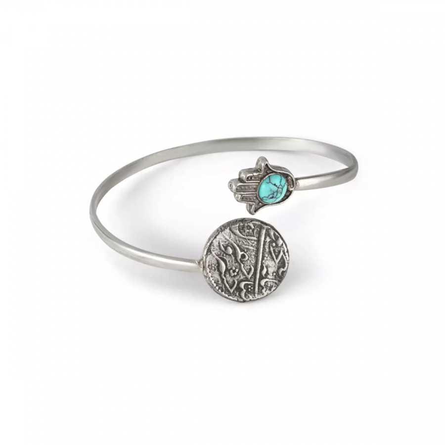  Silver Hamsa Bangle with Turquoise and Silver Persian Coin