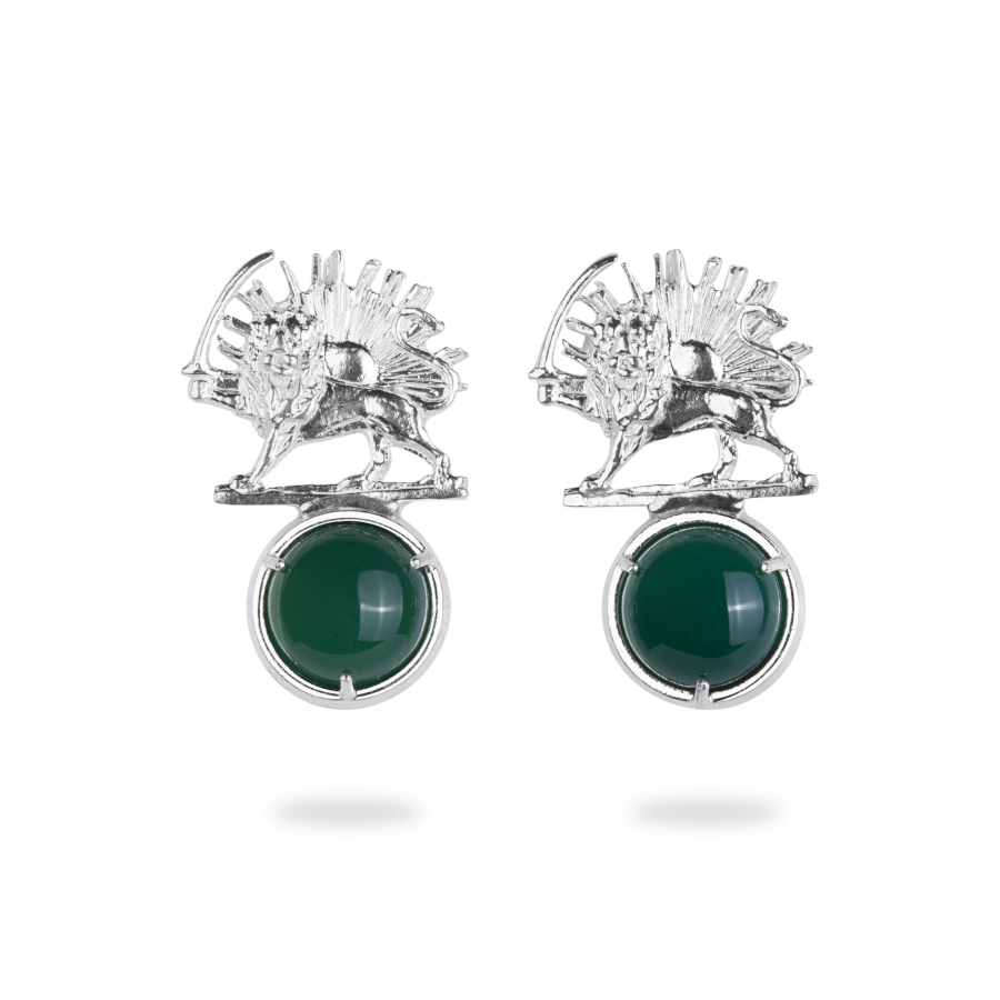Silver Lion and Sun Stud Earrings with Green Agate