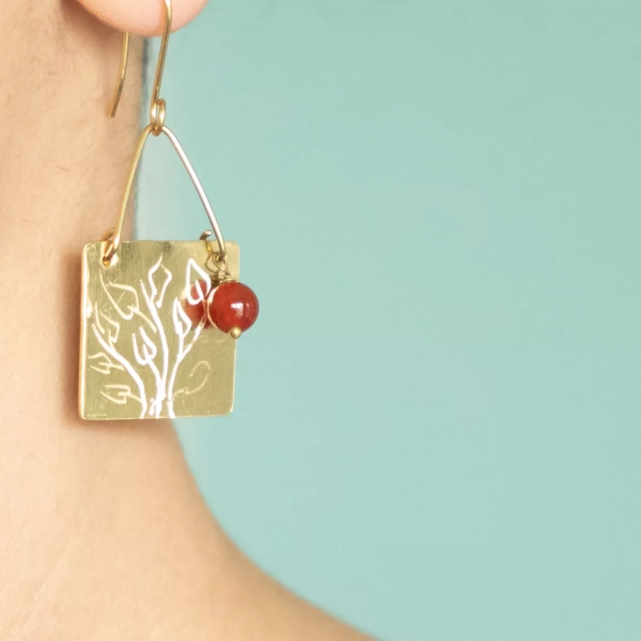 Mashi Tree Drawing Earrings with Carnelian