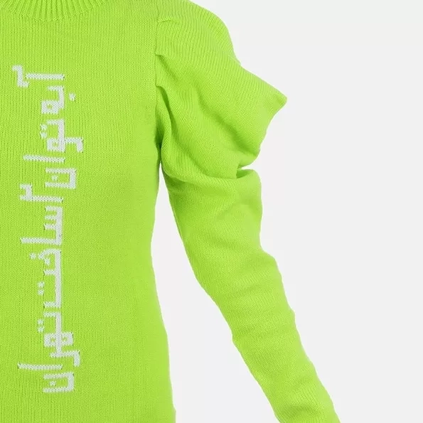 high neck Persian typography puff shoulder sweater green
