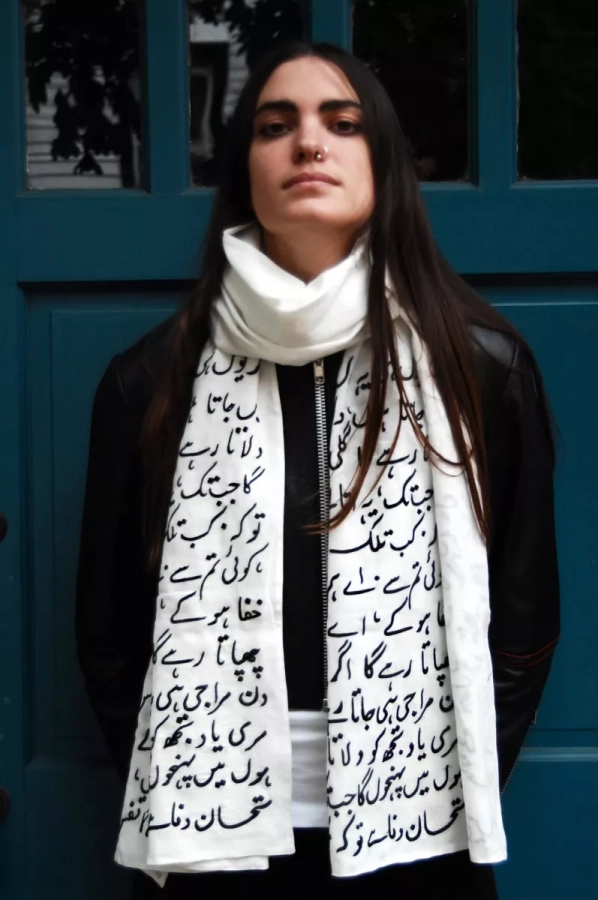 Hand Embroidery Urdu Cotton Calligraphy White Shawl Scarf