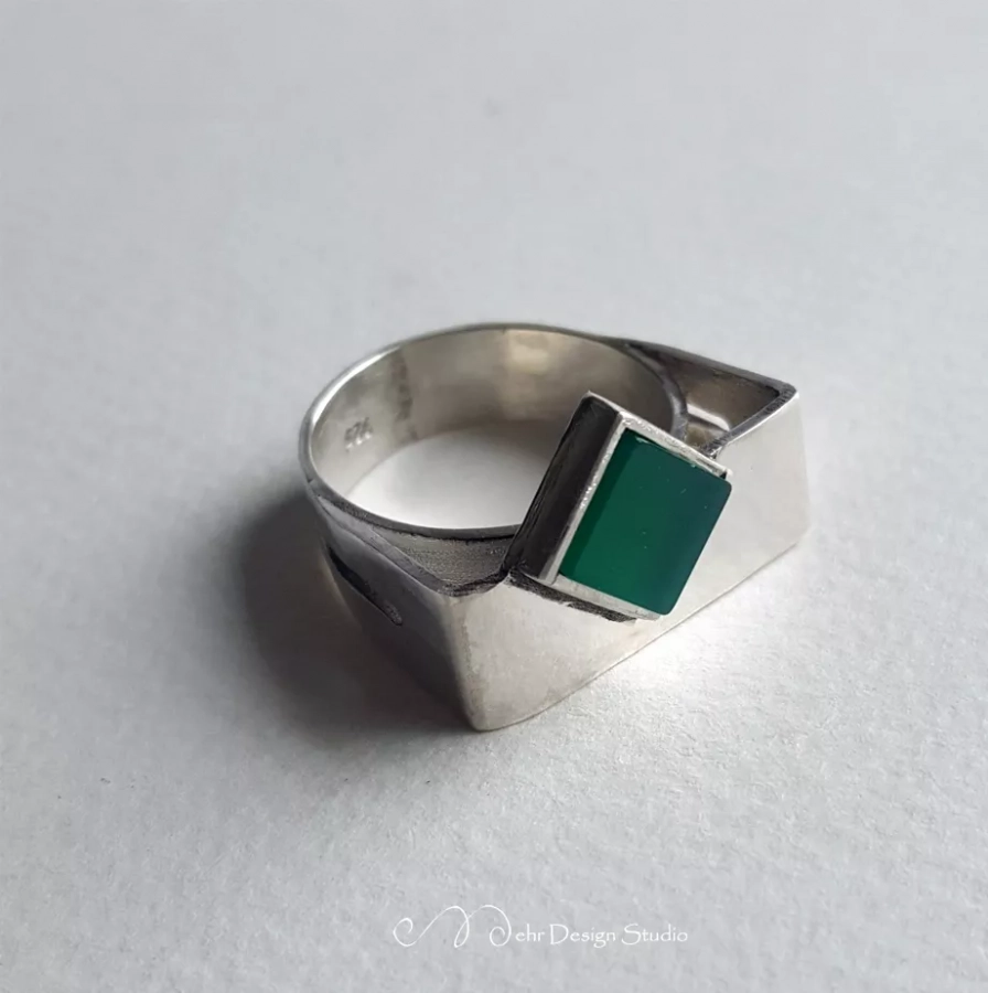 agate men ring, square ring, handmade silver and agate ring
