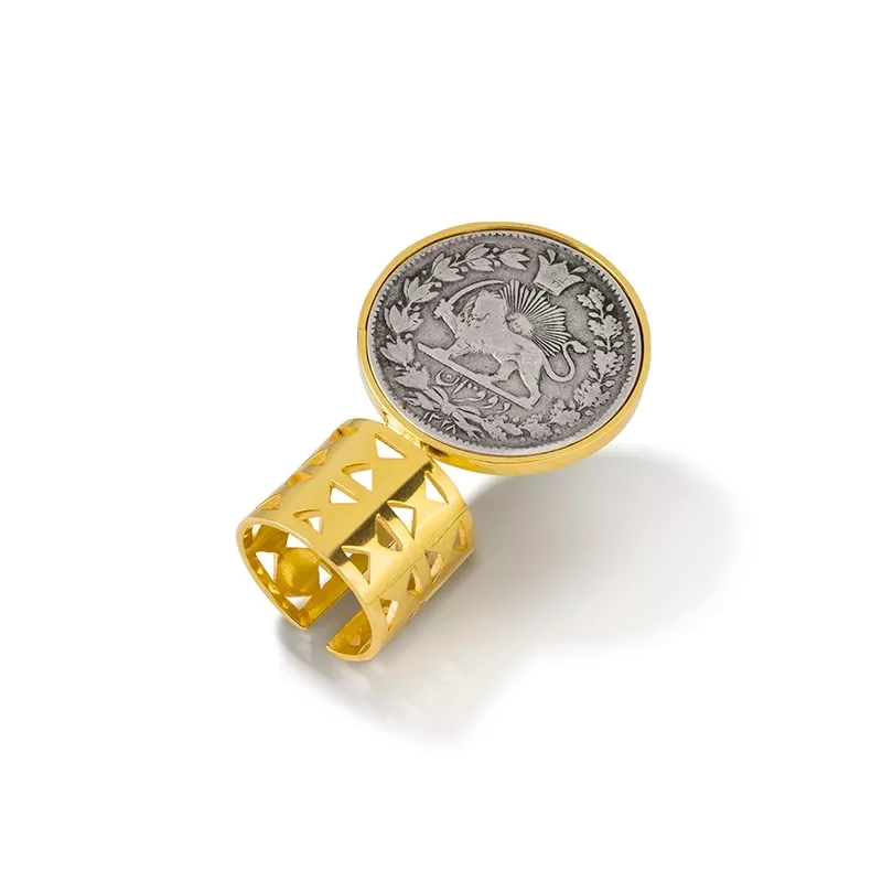 Gold-plated silver ring with ancient Iranian Ghajar Coin 