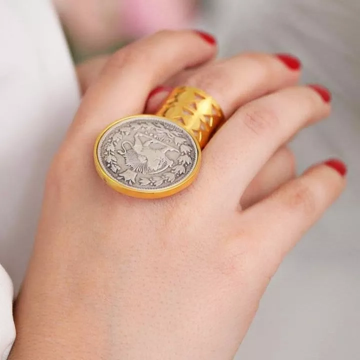 Gold-plated silver ring with ancient Iranian Ghajar Coin 