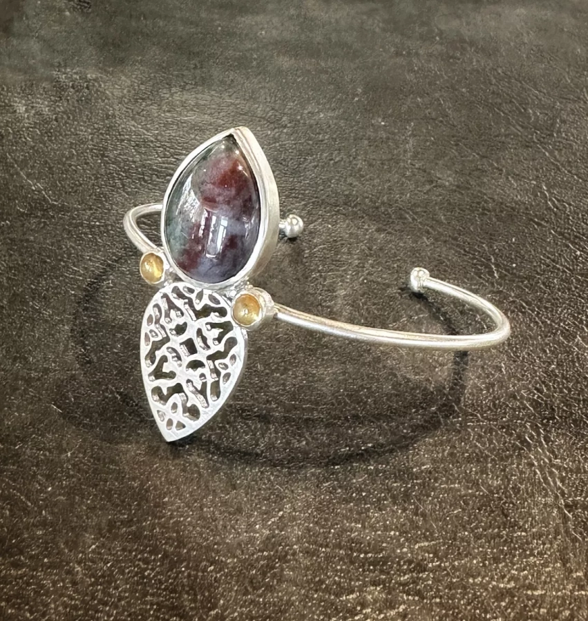 Adjustable Silver Bangle Bracelet with Gemstones, Persian Motif