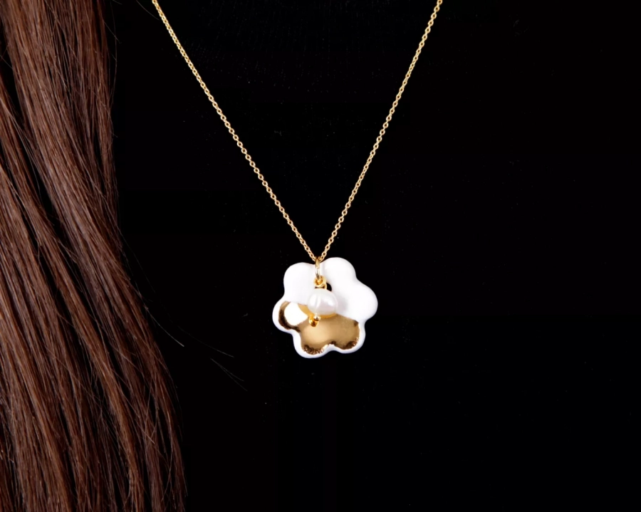 Flower porcelain pendant with fresh water pearl and 24 karat gold luster