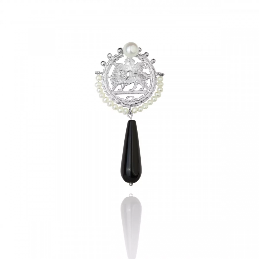 Silver Persian Lion and Sun Pin Brooch with Beaded Pearl and Drop Onyx 