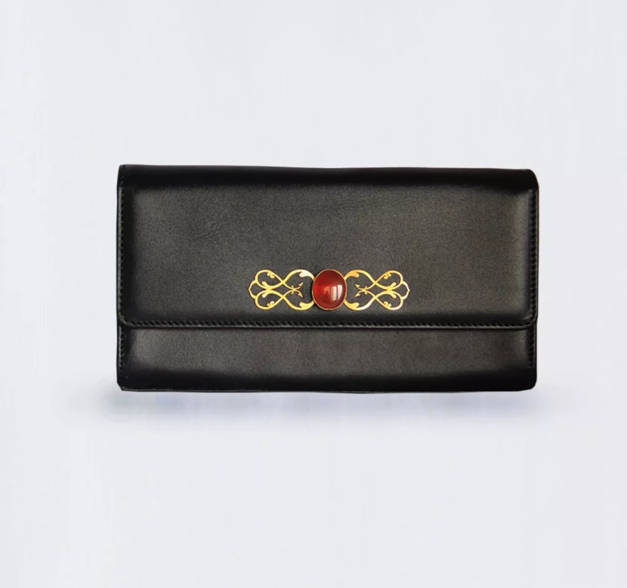 Gold Plated Eslimi Brass with Agate Stone Black Leather Clutch