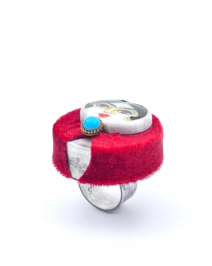 Handmade sterling silver ring, red velvet, hand painted on the shell, one of a kind