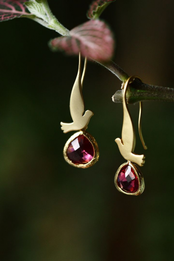 Singing Birds With Red Ruby Earrings