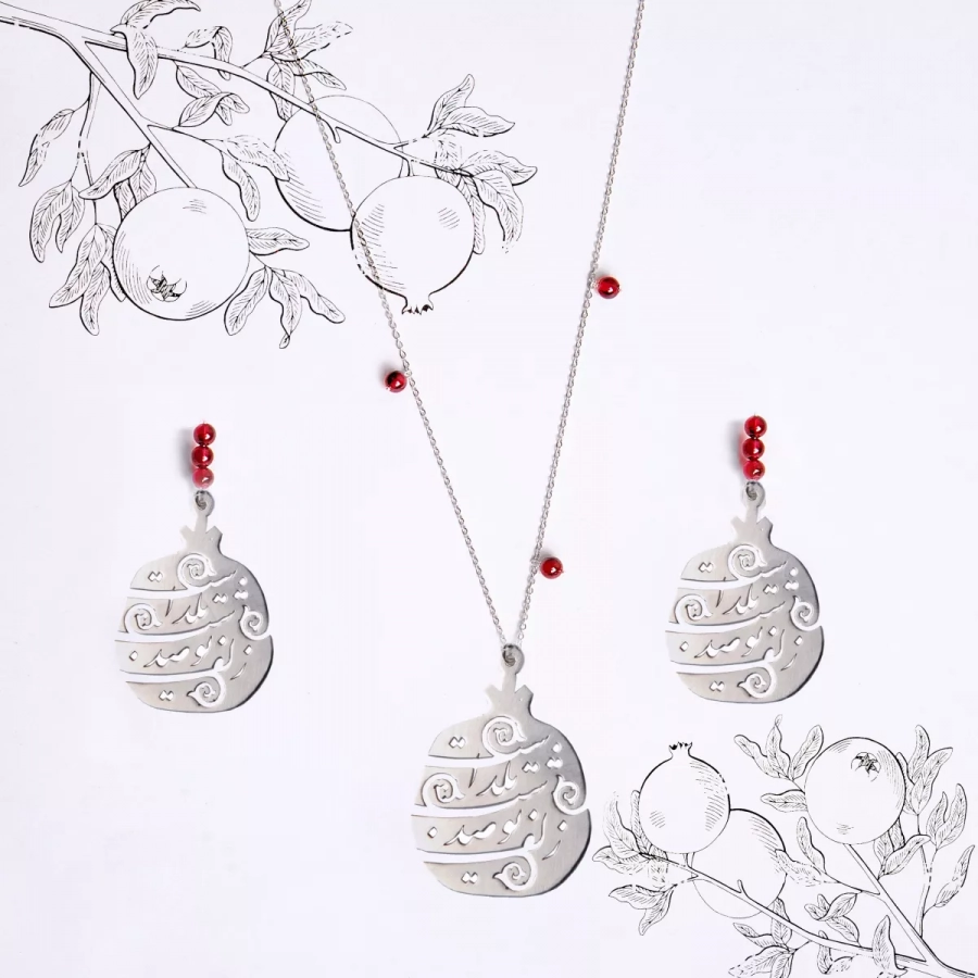 Silver Pomegranate Earrings and Necklace With Garnet, Persian Calligraphy, زلف تو صد شب یلداست
