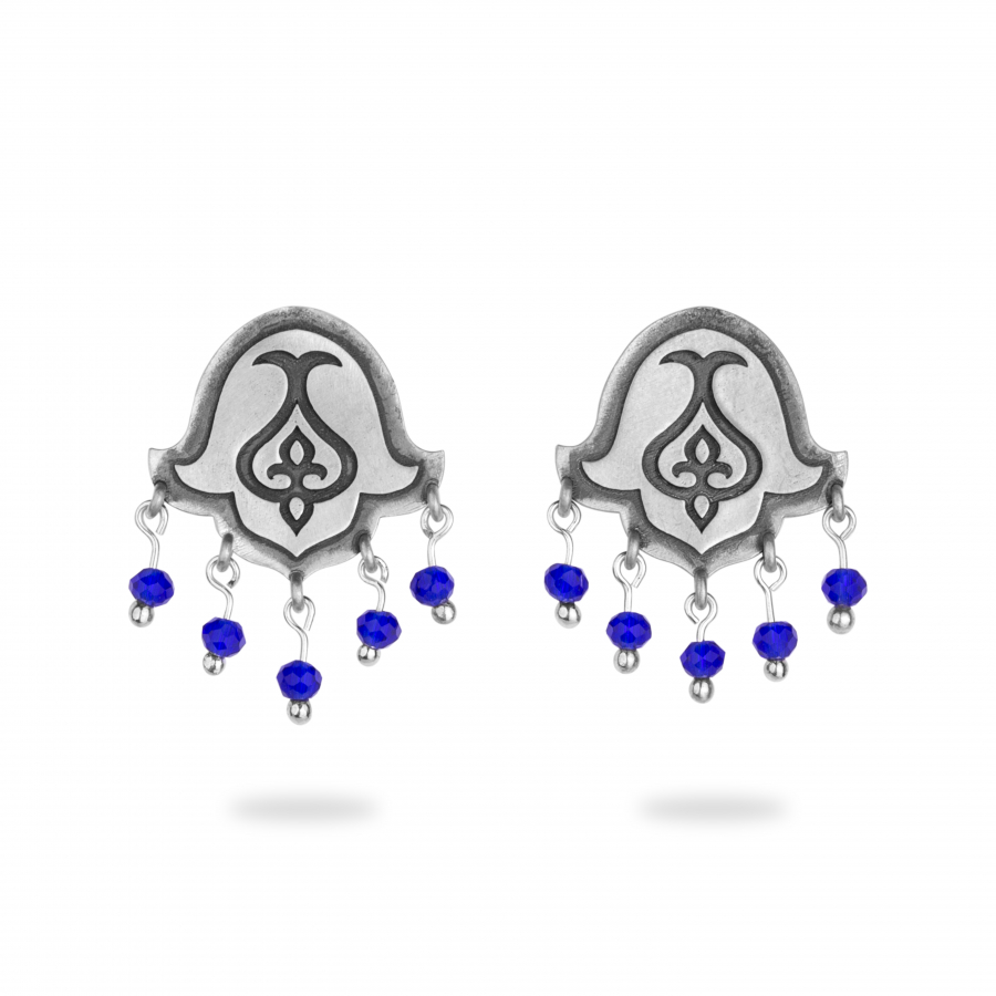 925 Sterling Silver Stud Flower Earrings with Blue Drops