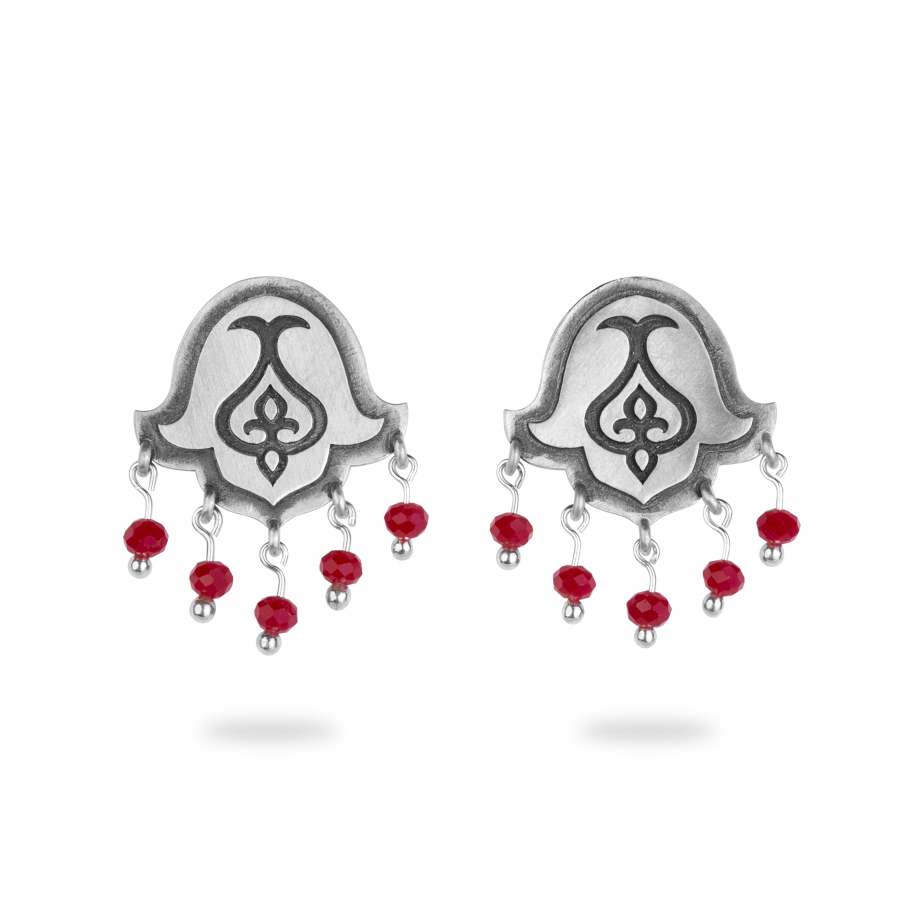 925 Sterling Silver Stud Flower Earrings with Red Drops