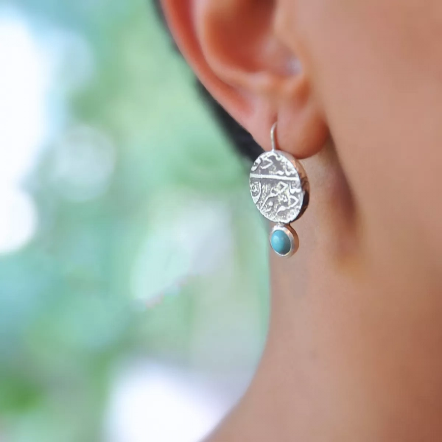 Silver Vintage Coin Earrings with Turquoise