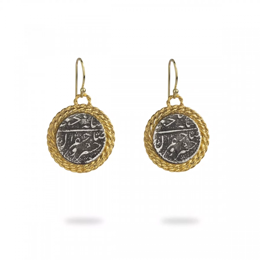 Gold Plated Silver Vintage Coin Earrings With Twisted Rope