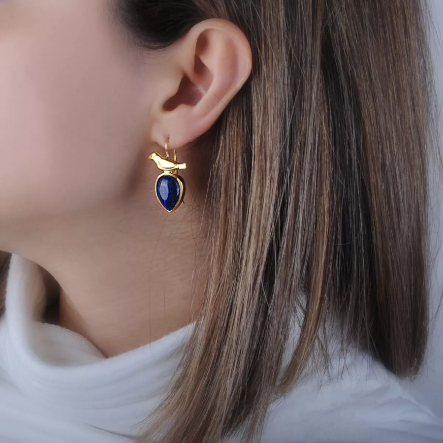 Gold Plated Silver Bird Earrings With Lapis Lazuli
