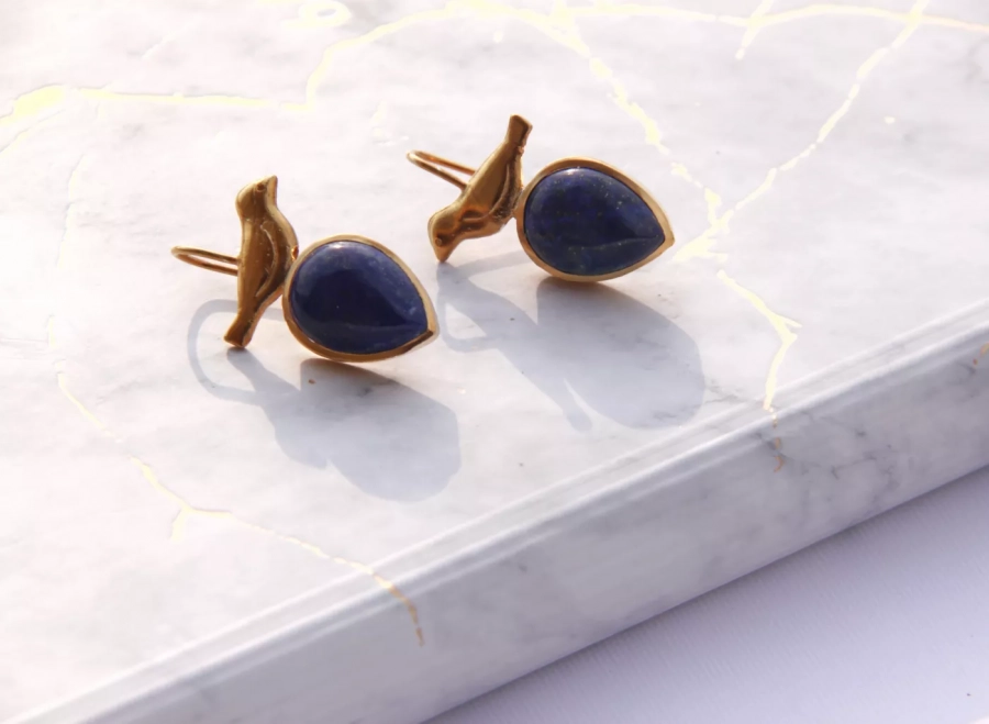 Gold Plated Silver Birds Earrings With Lapis Lazuli