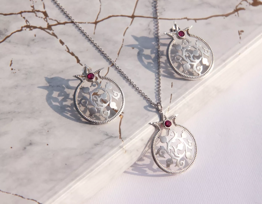 Silver Pomegranate Necklace and Earrings