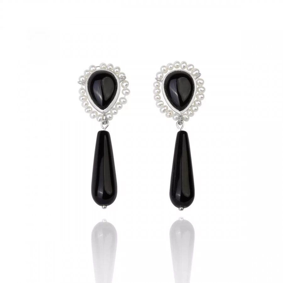 Silver Pear Shape Onyx Earrings with Tear Drop Onyx and Natural White beaded Pearl