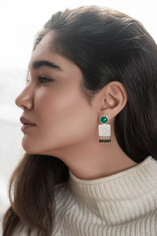 Silver Square Persian Coin Earrings with Green Agate and Agate Drops