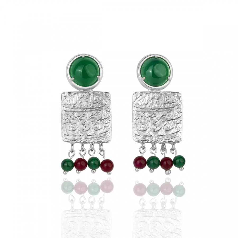 Silver Square Persian Coin Earrings with Green Agate and Agate Drops