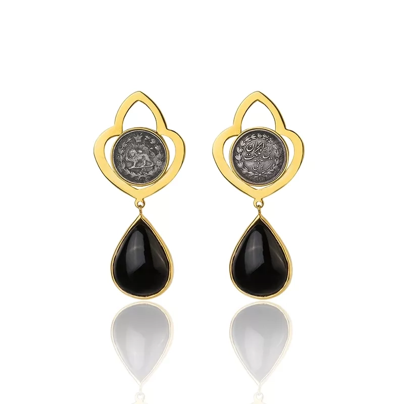Eslimi motif design earrings with the ancient coin and drop shape onix stone