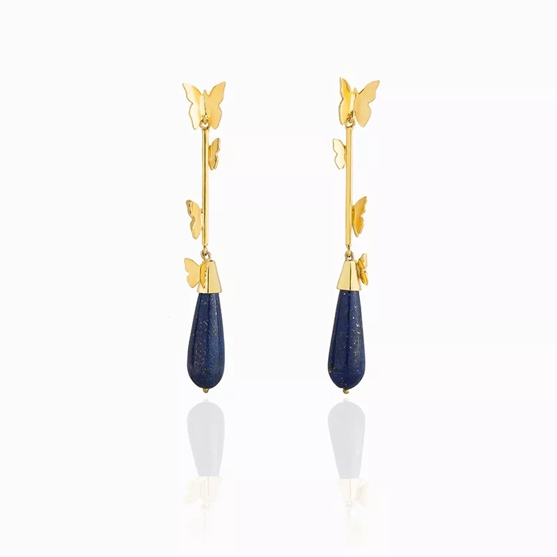Gold-plated silver earrings with pear shape dark blue Lapis stone