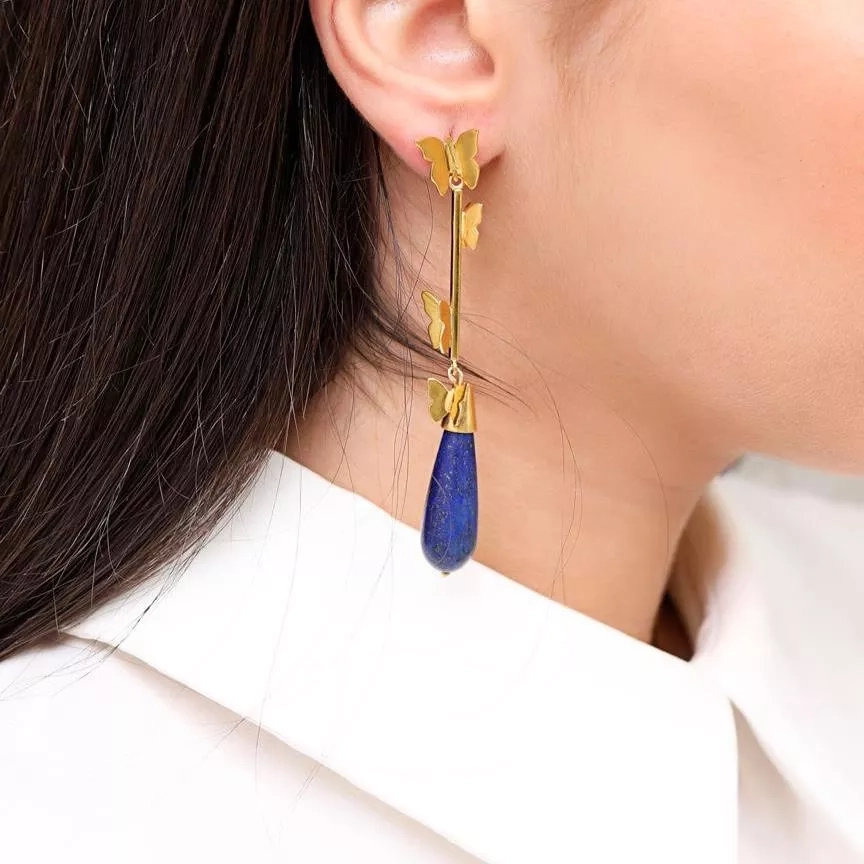 Gold-plated silver earrings with pear shape dark blue Lapis stone