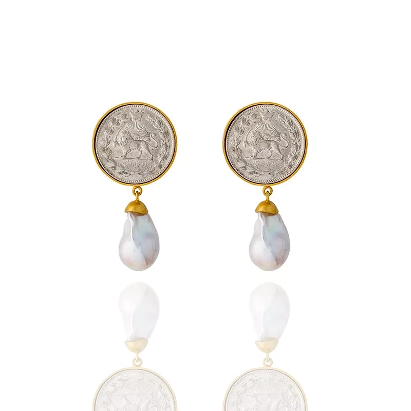 Gold-plated silver earrings with silver vintage persian Ghajar coin and a pear shape