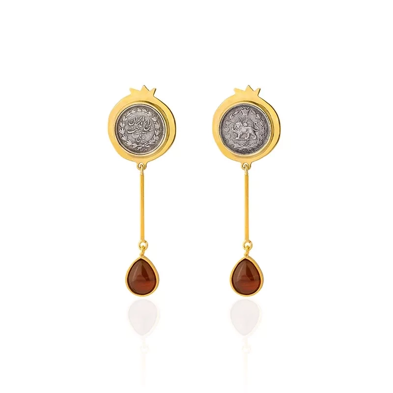 Gold-plated silver pomegranate earrings with ancient coin