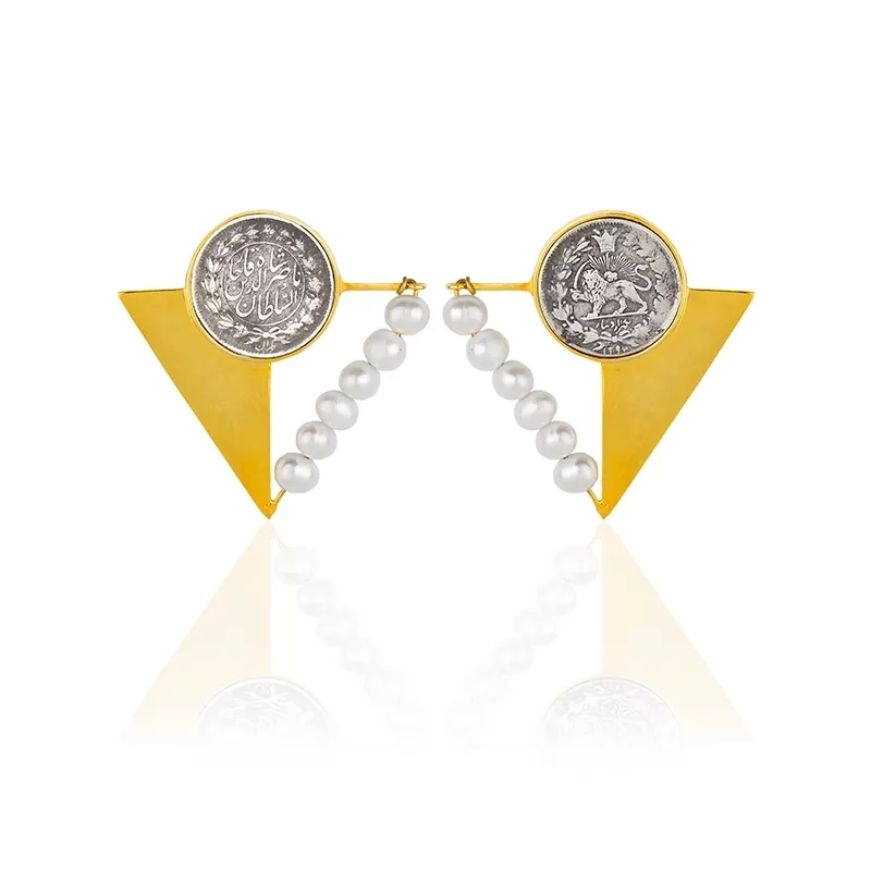Gold-plated silver triangle shape earrings with ancient Ghajar coin