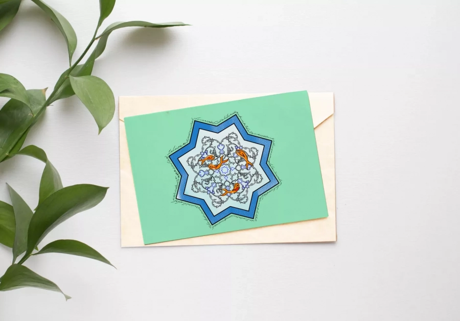 nowruz card with envelope styled with some green plants