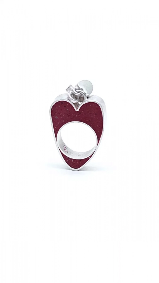 Hollow heart ring, handmade silver with locks and red concrete , one-of-a-kind, size 7