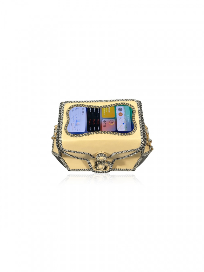 Luxury Unique Leather Clutch Designed With Stones Cream and Silver