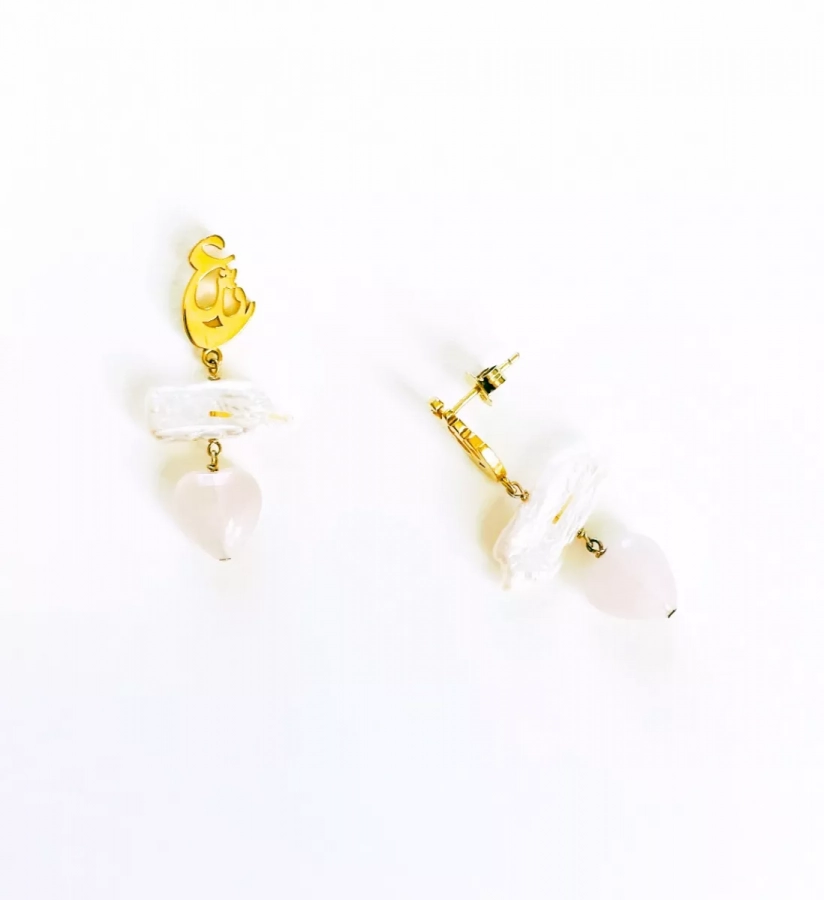 The Love Earrings with Dangling Pearl and Rose Quartz Charm 