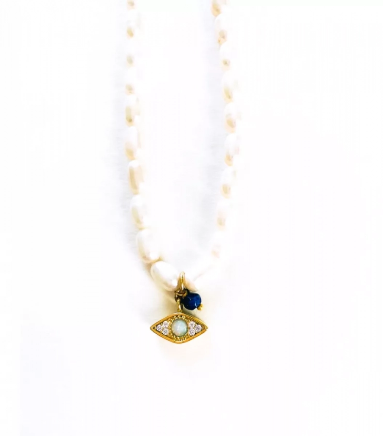 Pearl Necklace with Evil Eye Charm