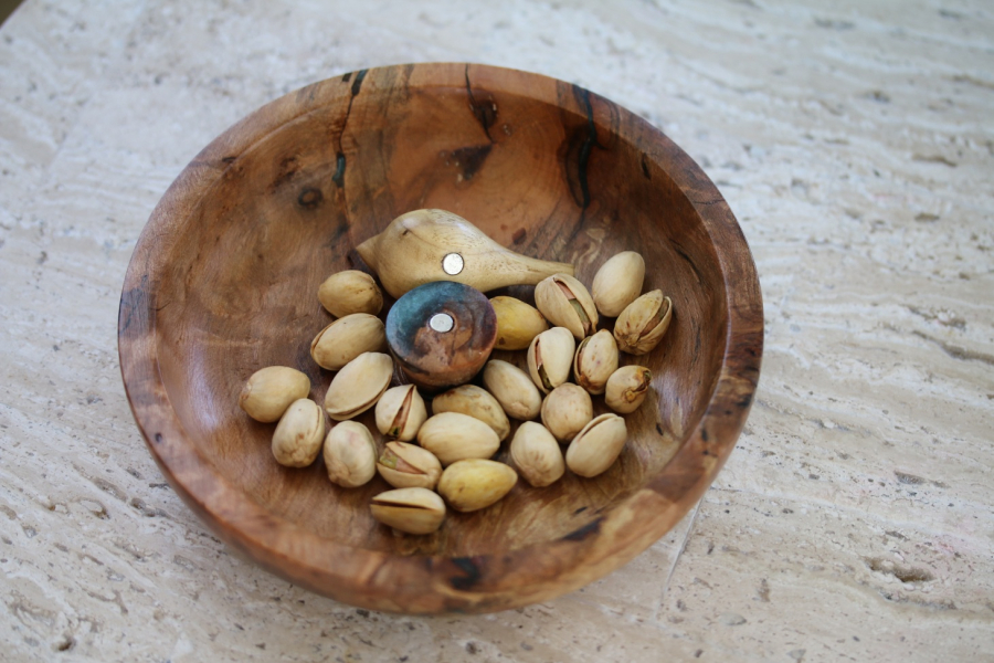 Wooden nuts bowl with Handcarved bird and blue Resin