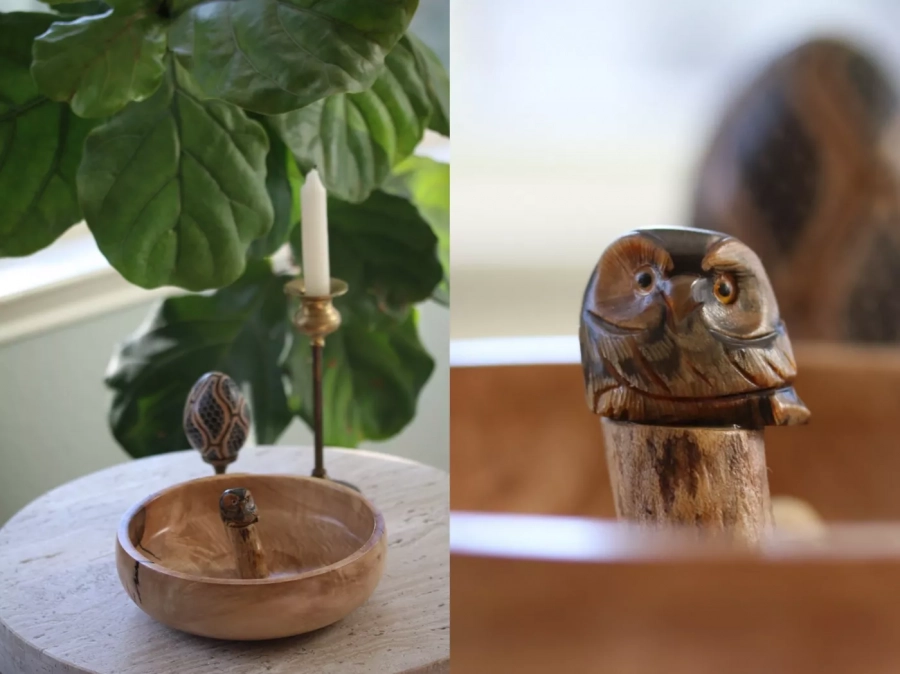 Wooden nuts bowl with stone owl