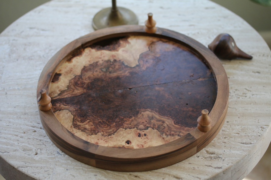 Wooden round wood tray with hand carved bird