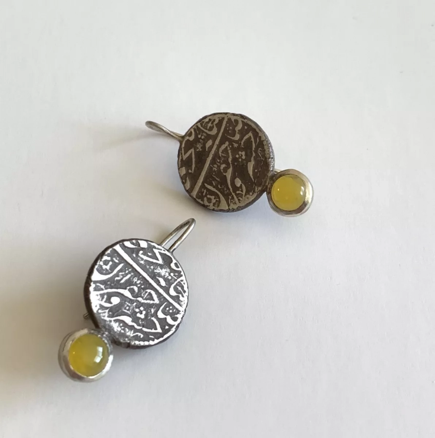 Silver Vintage Coin Earrings with Yellow Agate 