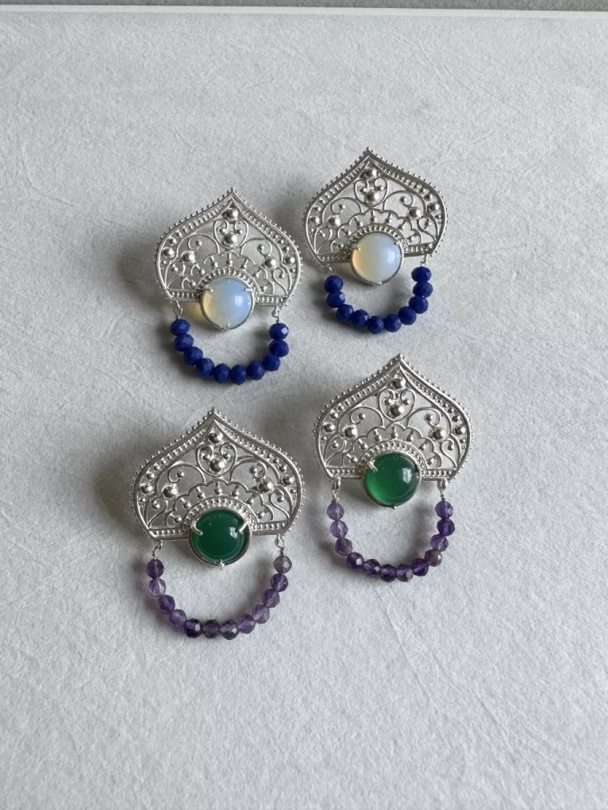 Handmade Statement Silver Dome Earrings with Gemstones