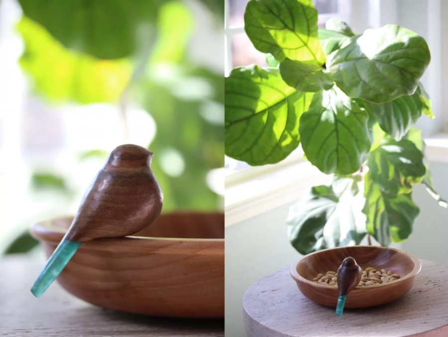 Wooden nuts bowl with hand carved bird 