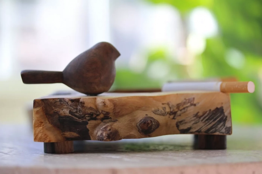 Wooden  Ashtray with hand carved bird