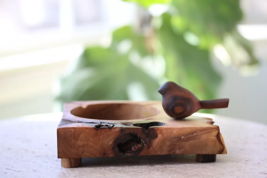 Wooden  Ashtray with hand carved bird