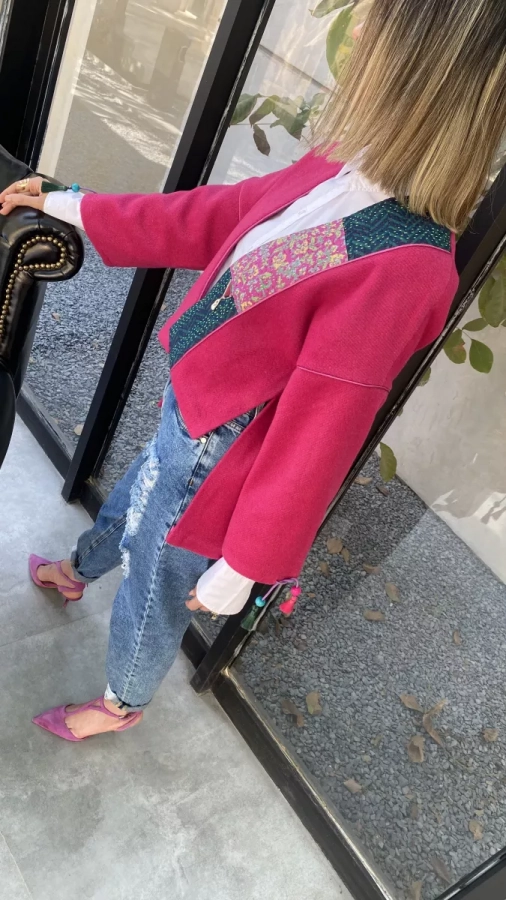 Wool jacket with slits, patchwork, pendant, mirror work, unique, handmade,Persian