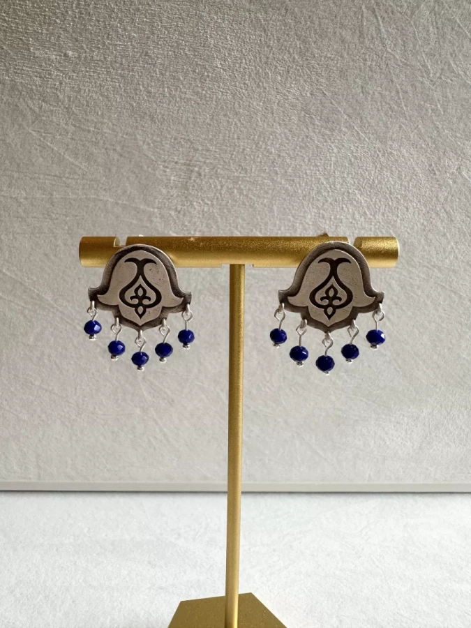925 Sterling Silver Stud Flower Earrings with Blue Drops